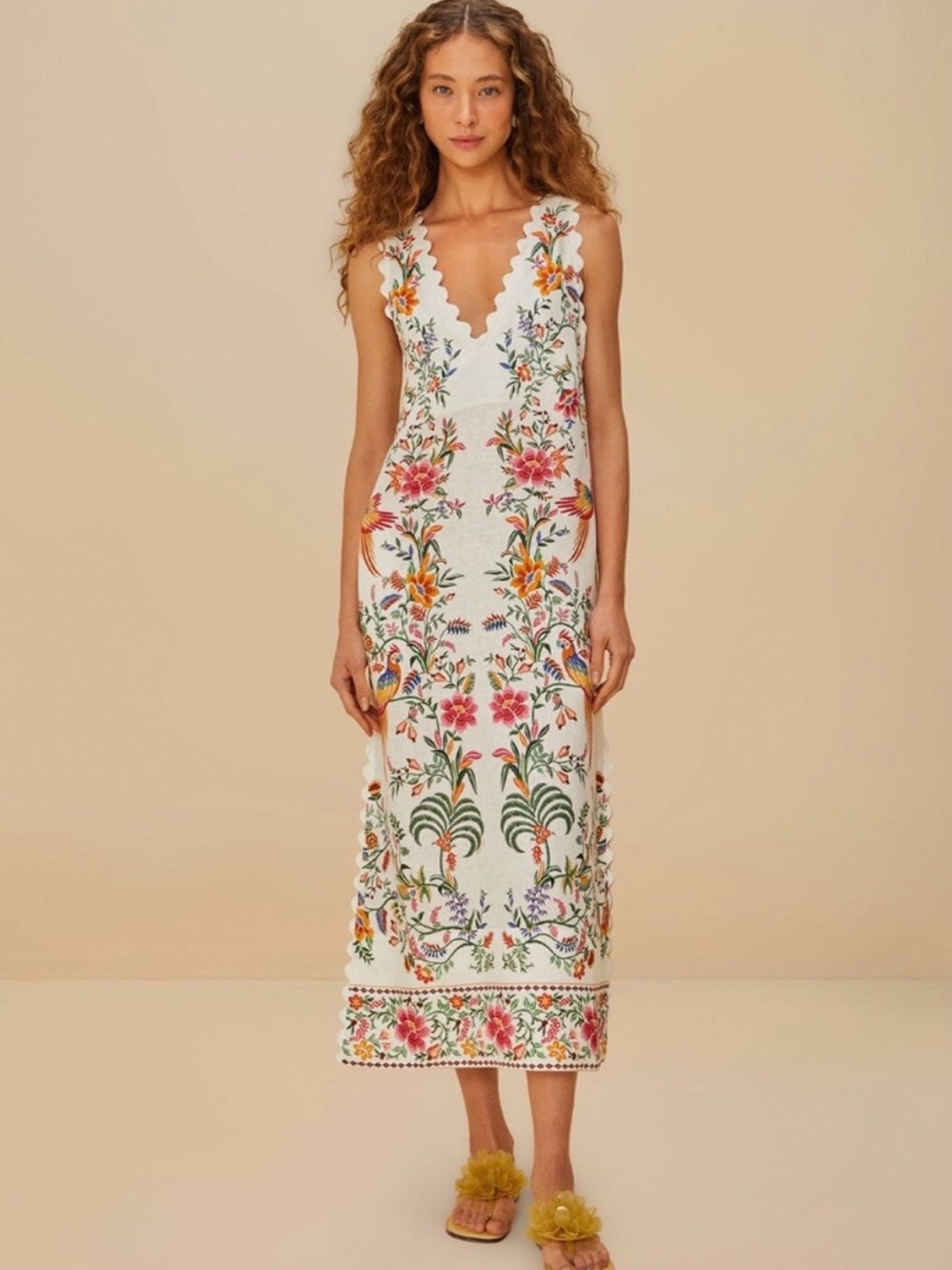 NWT Farm Rio Delicate Forest White Maxi Dress Multicolor Floral Embroidery Linen